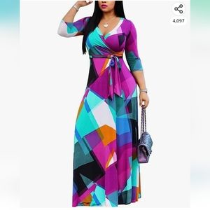 Women's Wrap V Neck Plus Size Maxi Dresses 3/4 Sleeves Chain Floral Printed